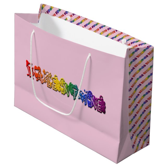 Pink Rainbow Text Hearts Valentine Large Gift Bag (Front Angled)