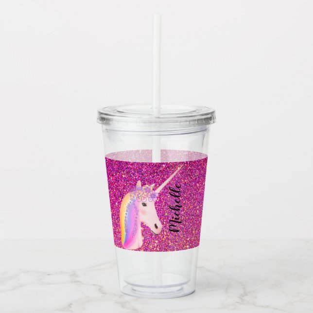 Pink Rainbow Unicorn Glitter Sparkles Girls Custom Acrylic Tumbler (Front)