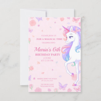 Pink Rainbow Unicorn Magical Birthday Invitation