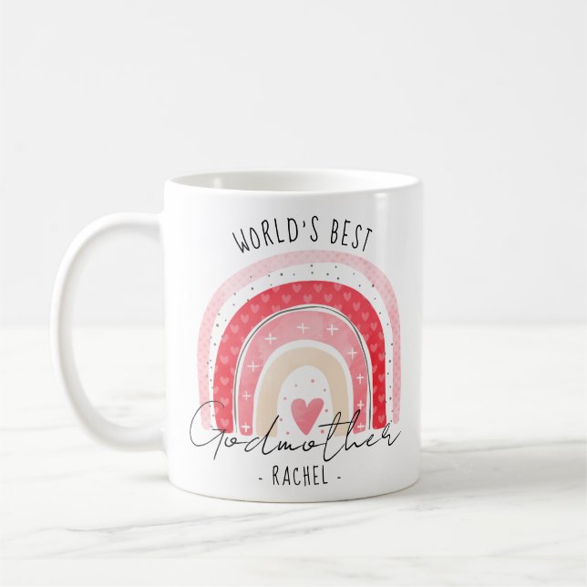 Pink Rainbow World's Best Godmother Valentines Day Coffee Mug (Left)