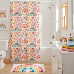 Pink Rainbows and Clouds Kids Shower Curtain