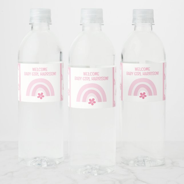 Pink Rainbows and Flowers Baby Shower Water Bottle Label (Bottles)