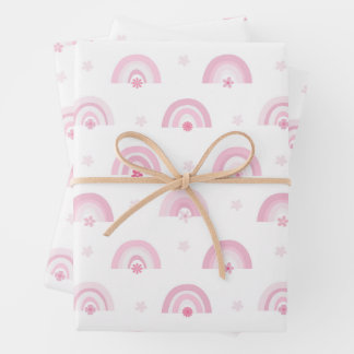 Pink Rainbows and Flowers Baby Shower Wrapping Paper Sheet