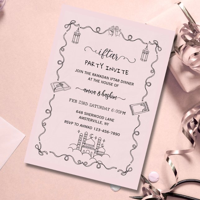 Pink Ramadan Bow doodle ramadan iftar invitations (Creator Uploaded)