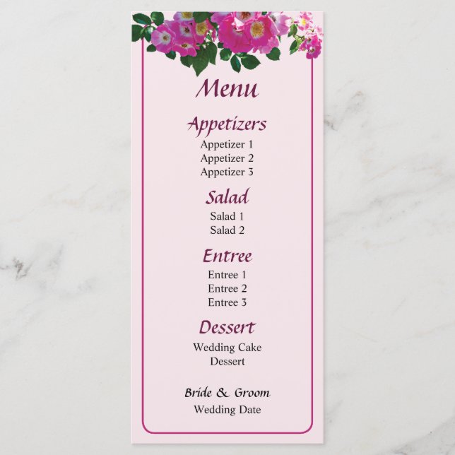 Pink Rambler Rose Wedding Menu (Front)