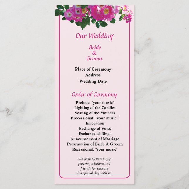Pink Rambler Rose Wedding Program (Front)