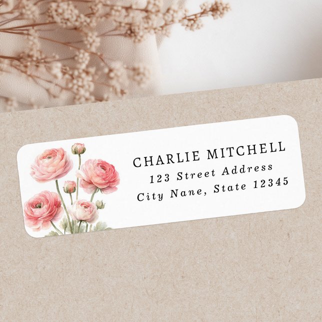 Pink ranunculus flower painting return address return address label (Pink ranunculus flower painting return address label)