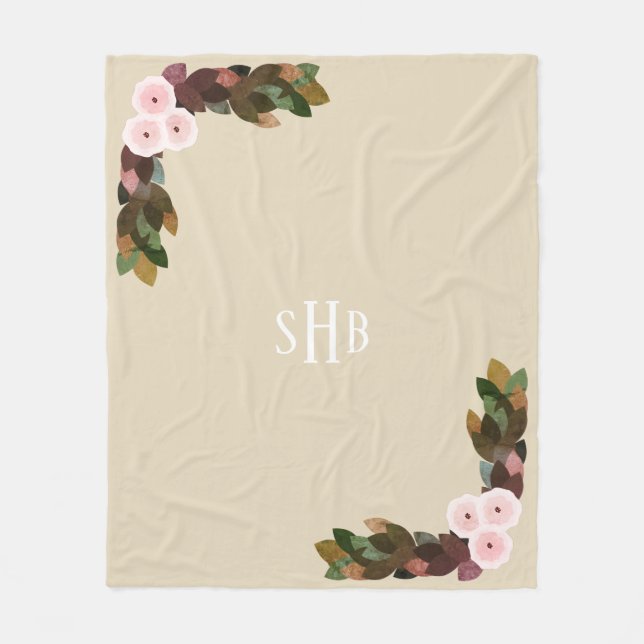 Pink Ranunculus Flowers and Foliage with Initials Fleece Blanket (Front)