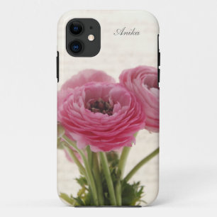 Pink ranunculus flowers on script iPhone 11 case