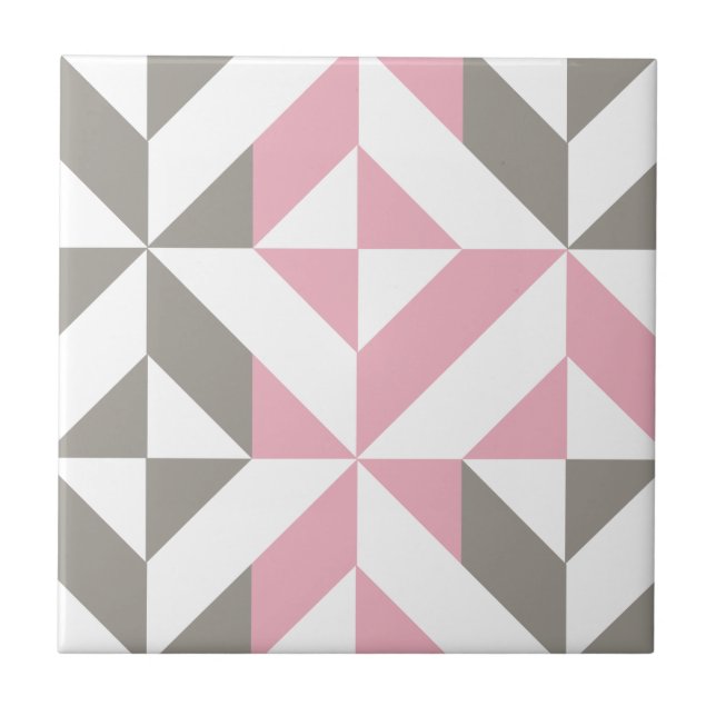 Pink Raspberry and Silver Geometric ZigZag Ceramic Tile (Front)