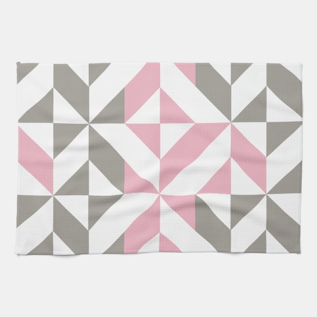 Pink Raspberry and Silver Geometric ZigZag Tea Towel (Horizontal)