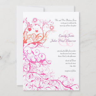 Pink Raspberry Coral Birds Swirls Wedding Invites