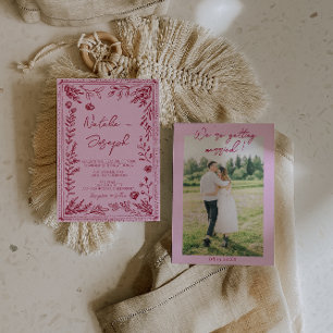 Pink Raspberry Drawn Floral Garden Photo Wedding Invitation