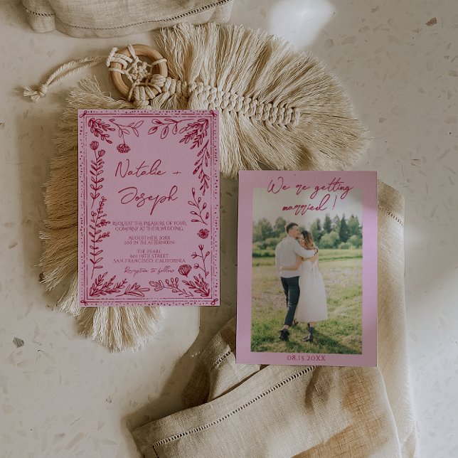 Pink Raspberry Drawn Floral Garden Photo Wedding   Invitation (Creator Uploaded)