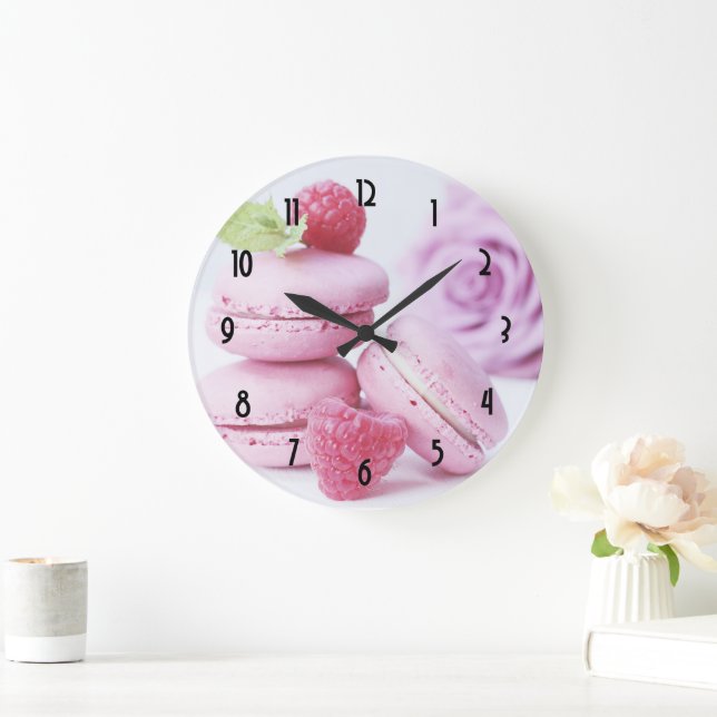 Pink Raspberry Macarons French Pastry Photo Large Clock (Home)