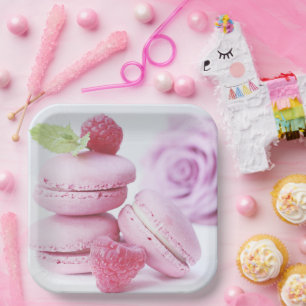 Pink Raspberry Macarons French Pastry Photo Paper Plate