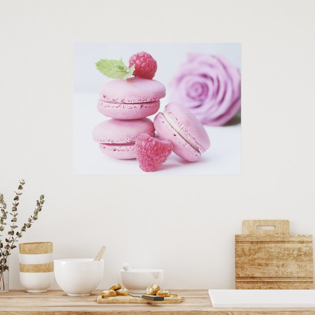 Pink Raspberry Macarons French Pastry Photo Poster (Kitchen)