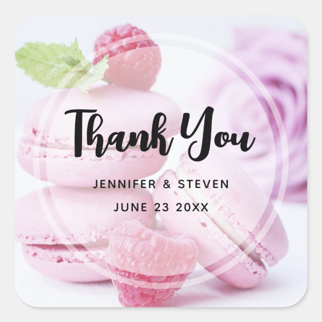 Pink Raspberry Macarons French Pastry Thank You Square Sticker (Front)