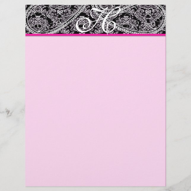 Pink Raspberry Monogram Letterhead Black Paisley (Front)