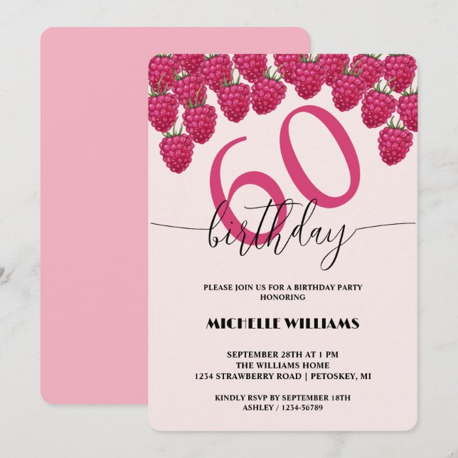 Pink Raspberry Watercolor Art Calligraphy Birthday Invitation (Front/Back)