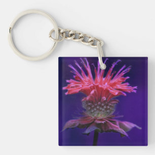 Pink Raspberry Wine Bee Balm Flower on Purple Key Ring