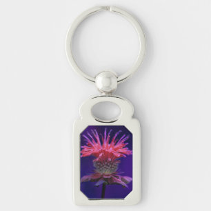 Pink Raspberry Wine Bee Balm Flower on Purple Key Ring