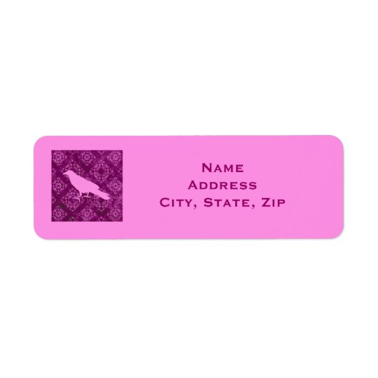 Pink raven on pink and purple damask personalised return address label