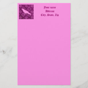 Pink raven on pink and purple damask personalised stationery