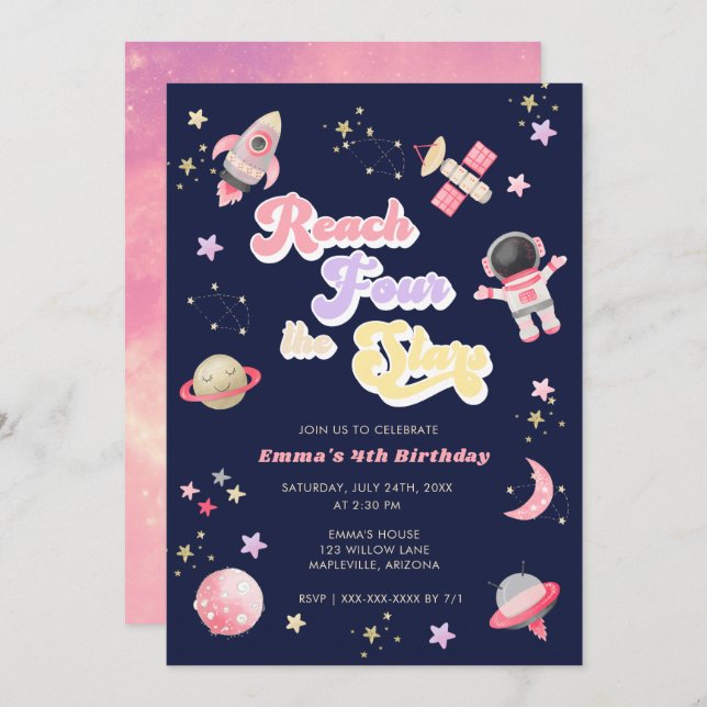 Pink Reach Four the Stars 4th Birthday Invitation (Front/Back)