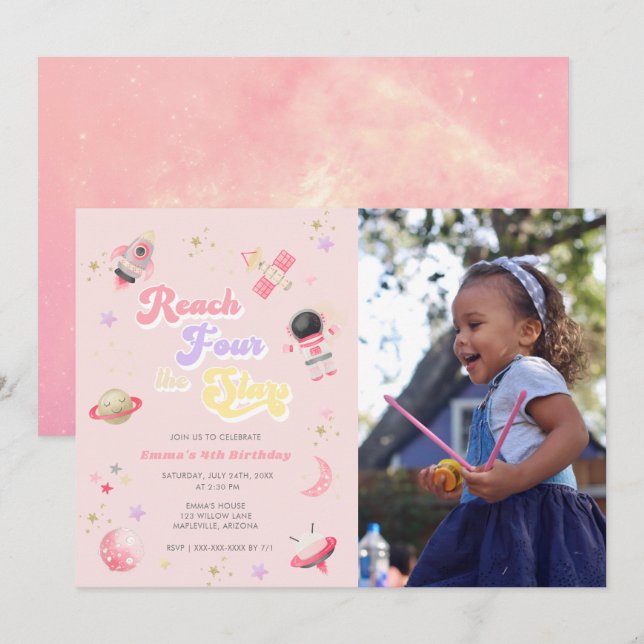Pink Reach Four the Stars 4th Birthday Invitation (Front/Back)