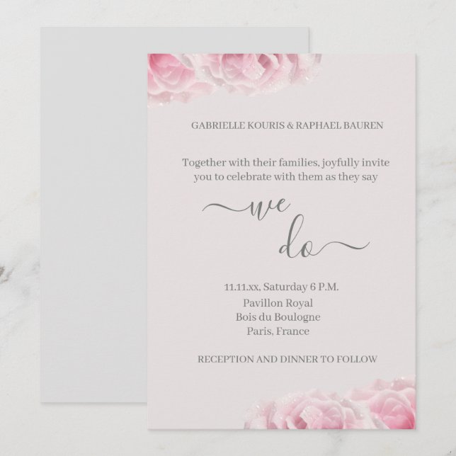 Pink Real Roses Flower Grey Elegant We Do Wedding Invitation (Front/Back)