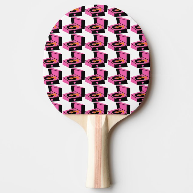 Pink Record Player Houndstooth Ping Pong Paddle (Front)
