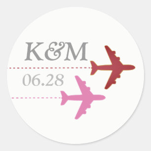 pink & red aeroplanes on white + initials, travel  classic round sticker