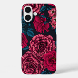 Pink, red and bi-color roses with blue leaves on b iPhone 16 plus case