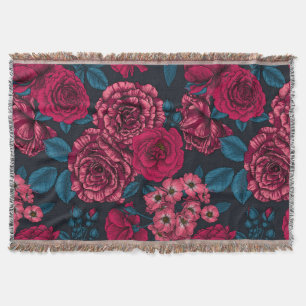 Pink, red and bi-color roses with blue leaves on b throw blanket