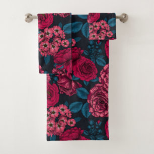 Pink, red and bi-colour roses with blue leaves on  bath towel set
