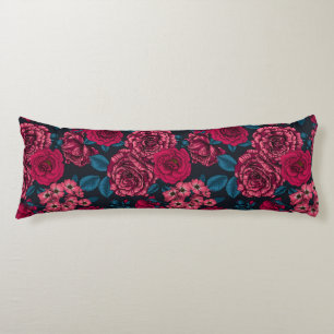 Pink, red and bi-colour roses with blue leaves on body cushion