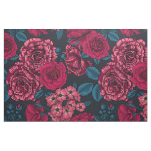 Pink, red and bi-colour roses with blue leaves on fabric