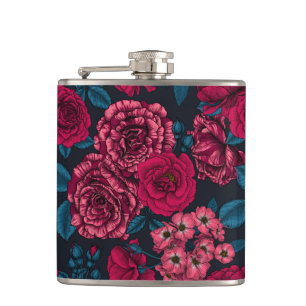Pink, red and bi-colour roses with blue leaves on  hip flask