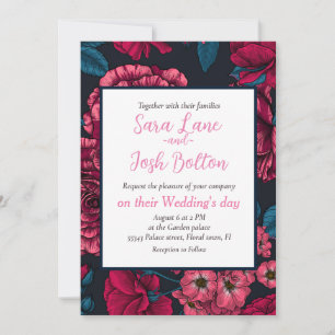 Pink, red and bi-colour roses with blue leaves on  invitation