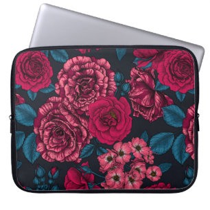 Pink, red and bi-colour roses with blue leaves on  laptop sleeve