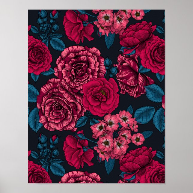 Pink, red and bi-colour roses with blue leaves on  poster (Front)