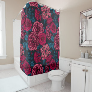 Pink, red and bi-colour roses with blue leaves on shower curtain
