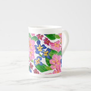 Pink, Red and Blue Primroses Floral Pattern, White Bone China Mug