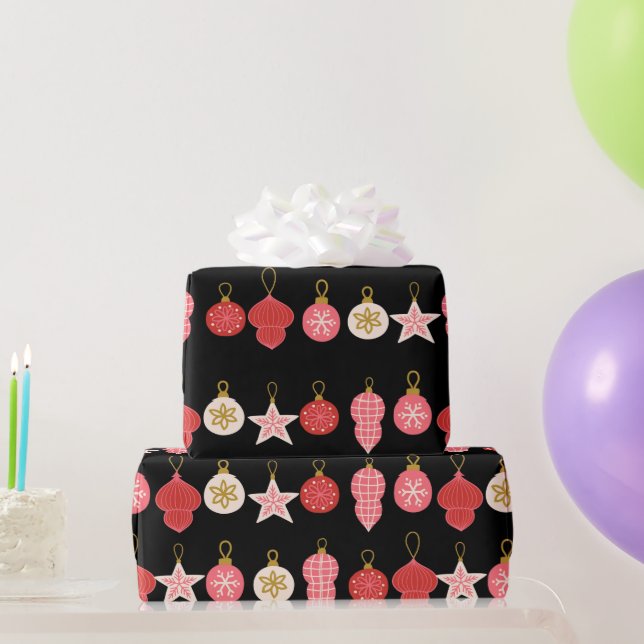 Pink, Red and Gold Christmas Ornament Wrapping Pap Wrapping Paper (Party Gifts)