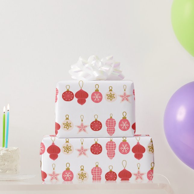 Pink, Red and Gold Christmas Ornament Wrapping Paper (Party Gifts)
