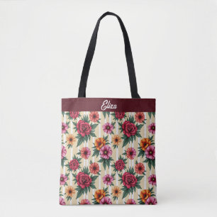 Pink Red and Gold Flowers on Tan Stripes Tote Bag