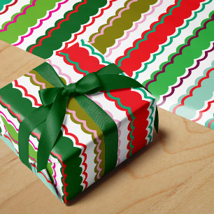 Pink Red and Green Scalloped Stripe Pattern Wrapping Paper