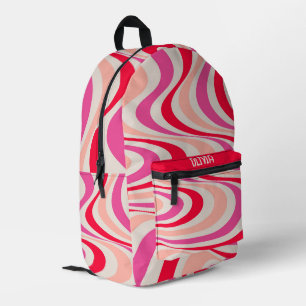 Pink, red and grey abstract retro swirl design printed backpack