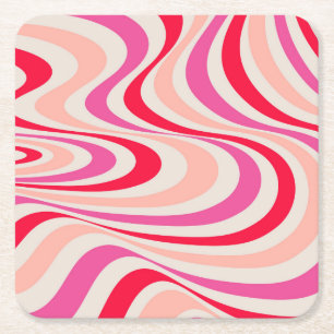Pink, red and grey abstract retro swirl design square paper coaster